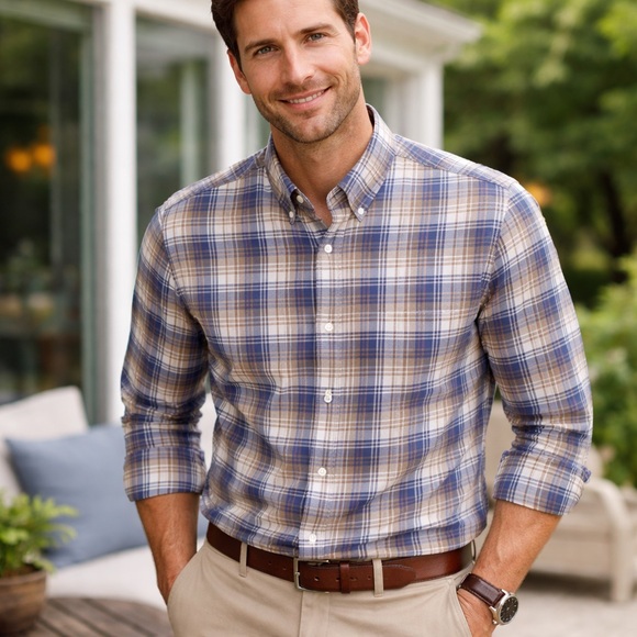 Peter Millar Other - Peter Millar Classic Crown Blue and Tan Plaid Button Down Shirt Large